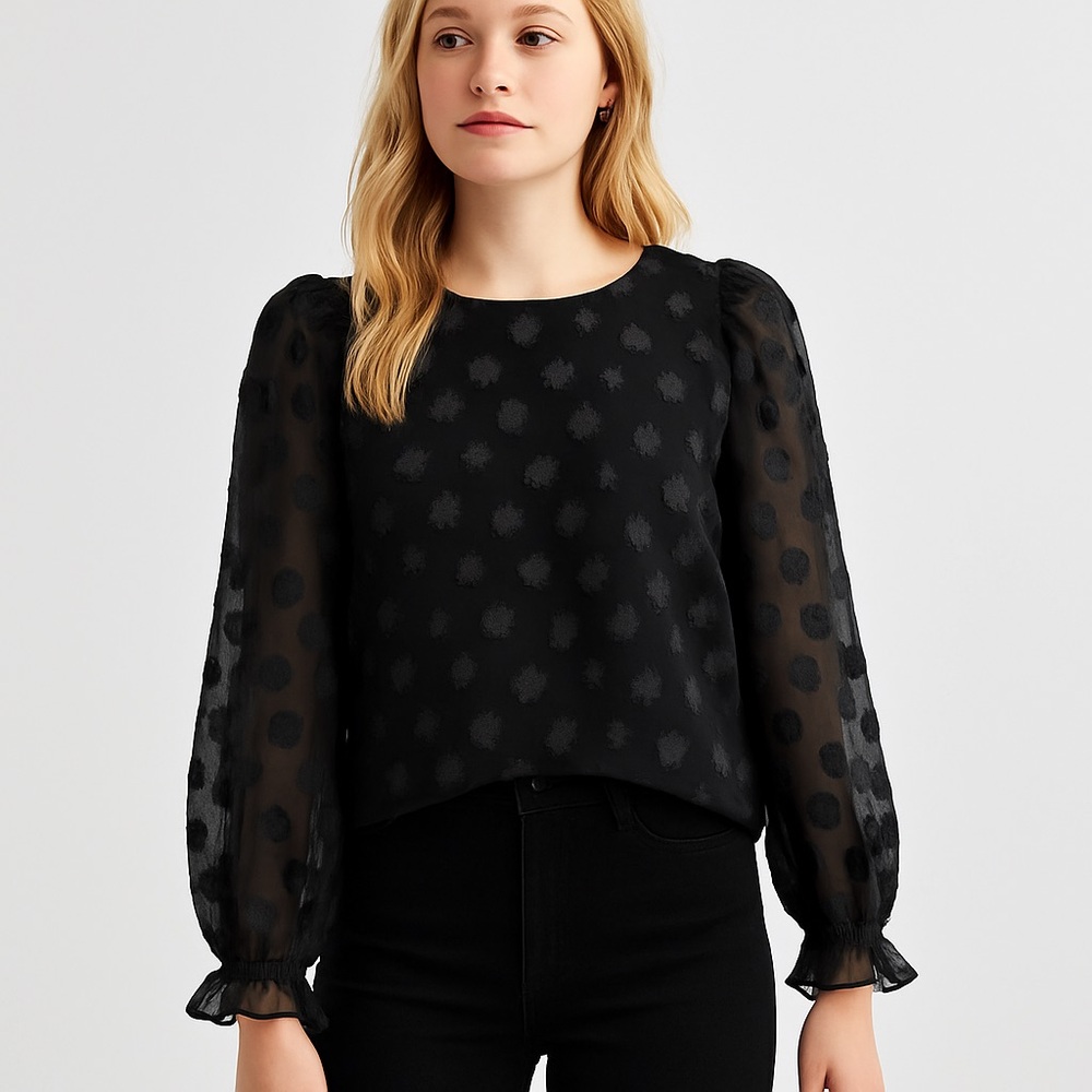 EUC CeCe Black Sheer Polka Dot Blouse Size Medium